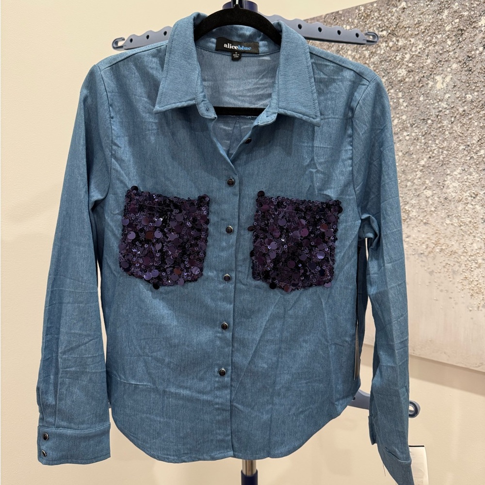 Alice Blue Denim Shirt with Purple Sequin Accents
